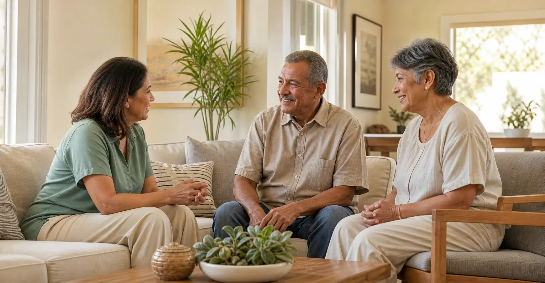 Professional support conversation in a calm residential setting