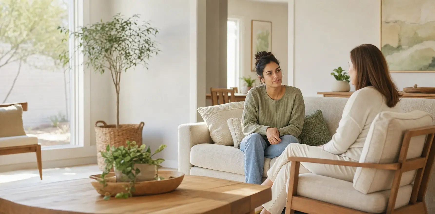 Supportive conversation in a bright home-style behavioral health setting