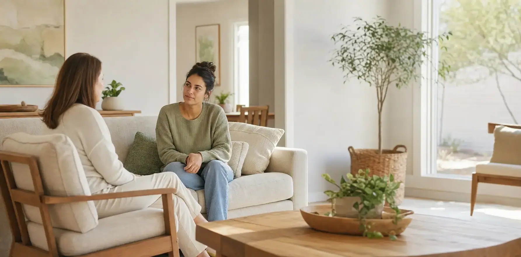 Calm residential support conversation in a bright home setting