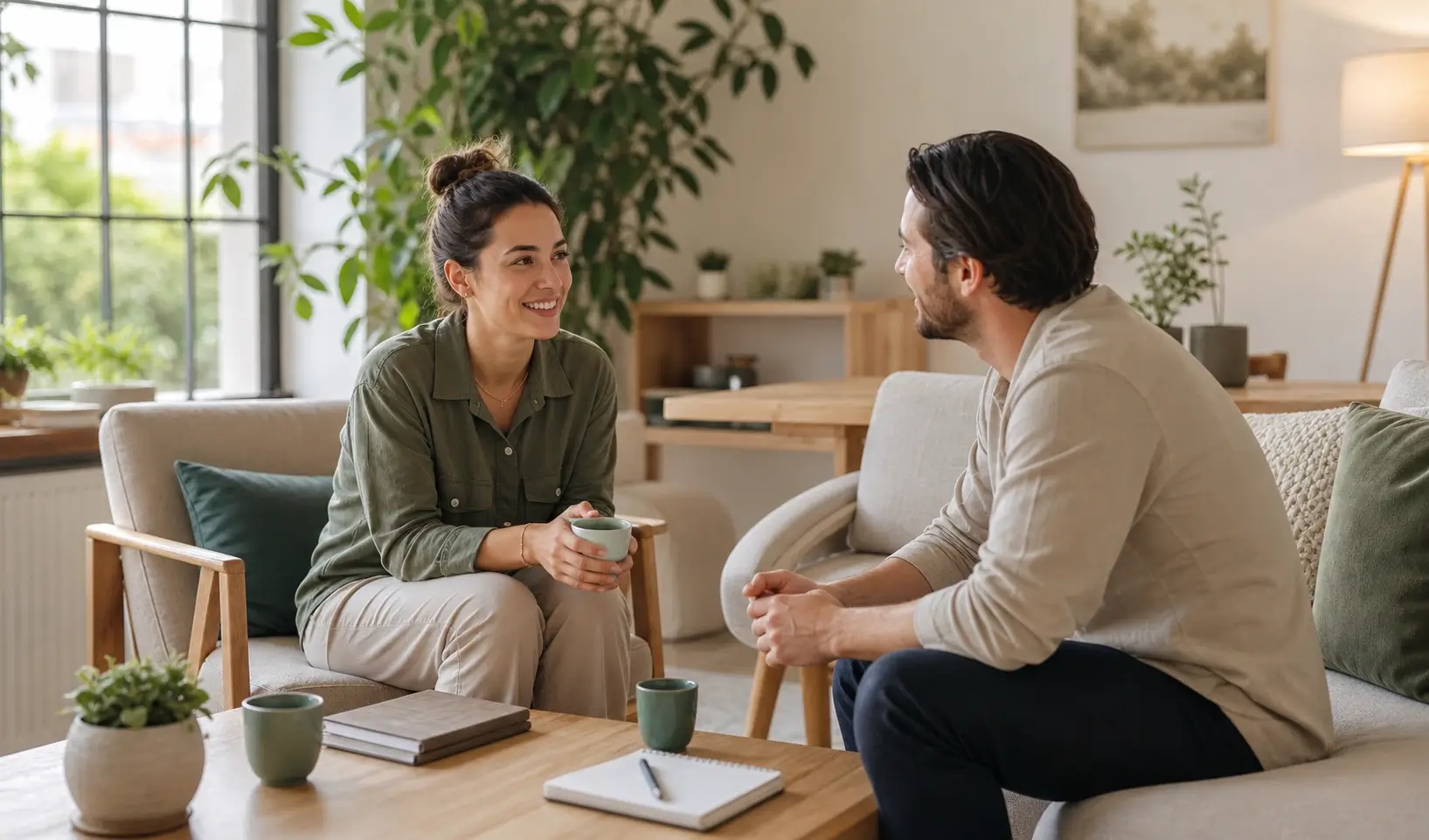 Two adults in a calm residential conversation with warm natural light