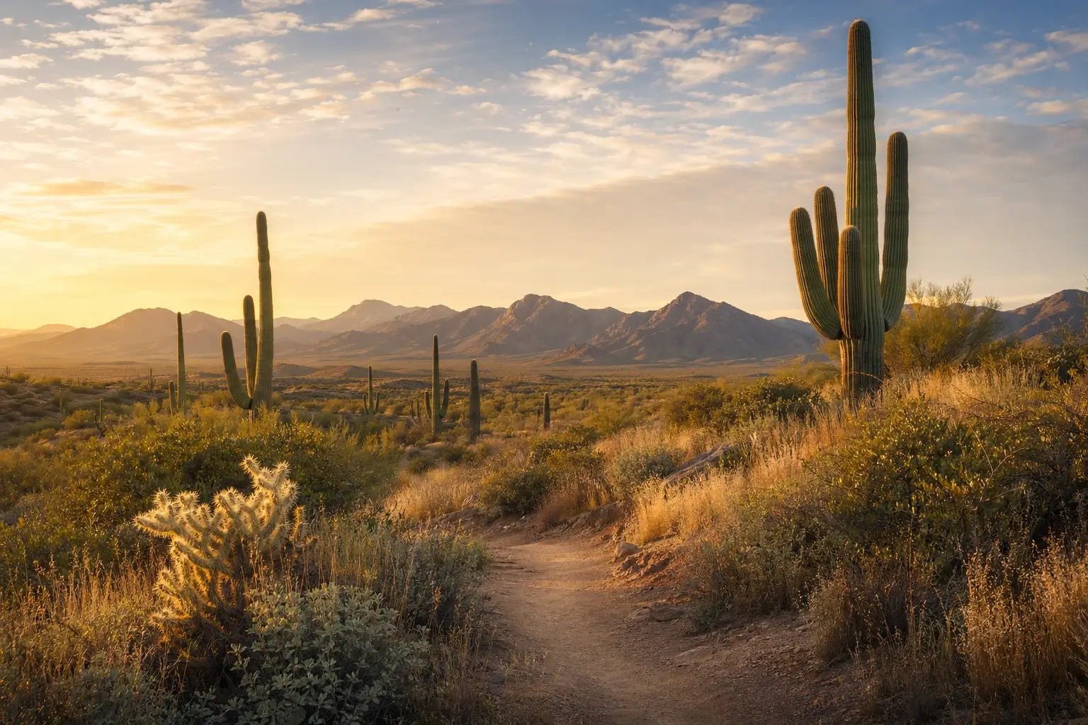 Sonoran desert landscape near San Tan Valley with warm light and saguaro cactuses